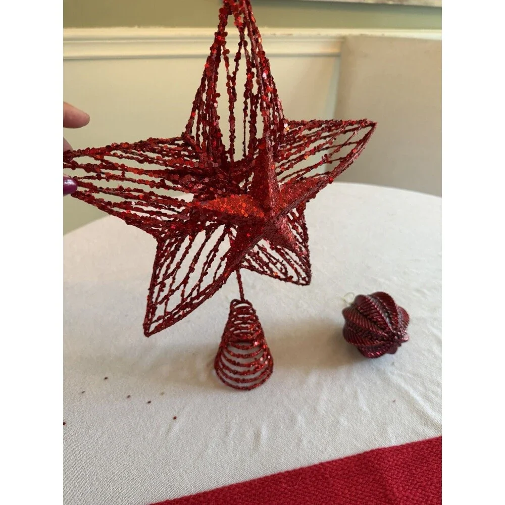 Christmas Tree Topper Star  and red  ornaments - Christmas Theme Decor